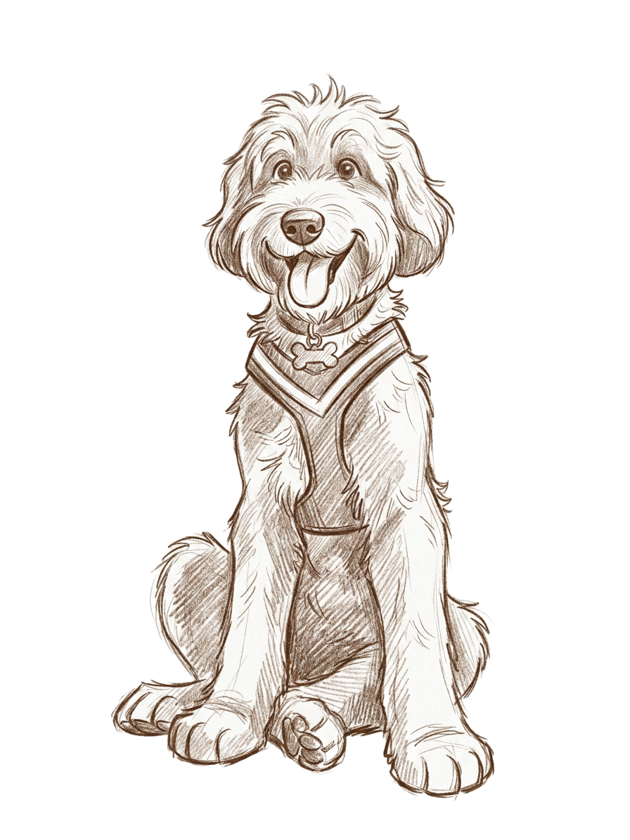 Huey the goldendoodle mascot, hand-drawn brown pencil caricature