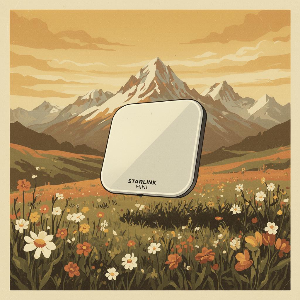 Vintage illustration of a compact Starlink Mini on an RV in a mountain meadow at golden hour