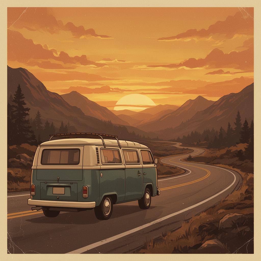 Vintage camper at sunset on a winding back road